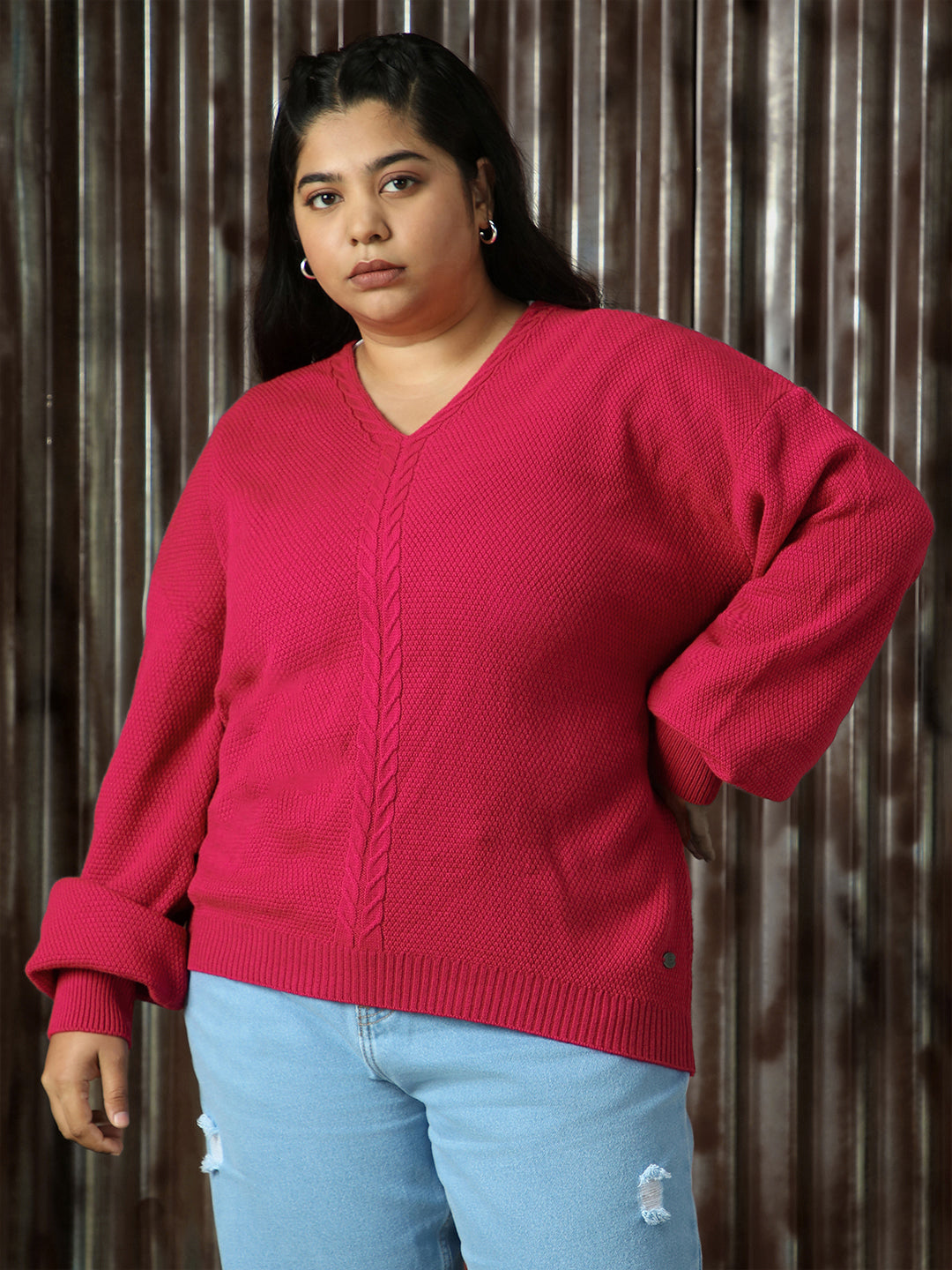 High Star Plus Size Women Cable Knit V-neck Cuffed Sleeves Pullover Sweaters