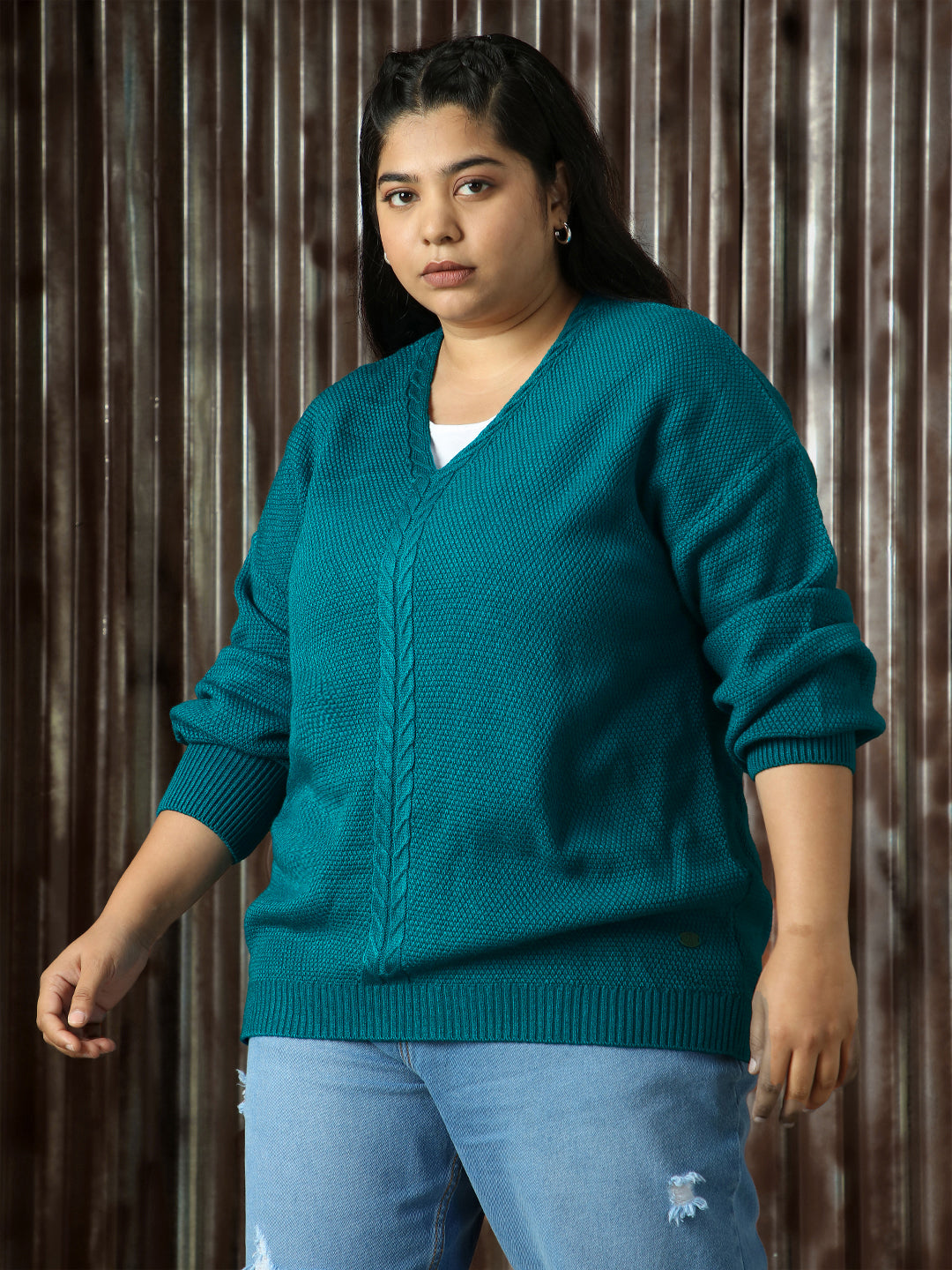 High Star Plus Size Women Self Designv Cable Knit Pullover Sweater