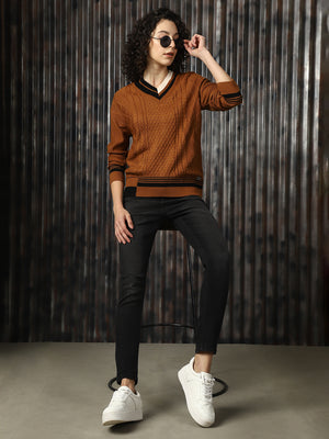 High Star Women V-Neck Self Design Cable Knit Longline Pullover