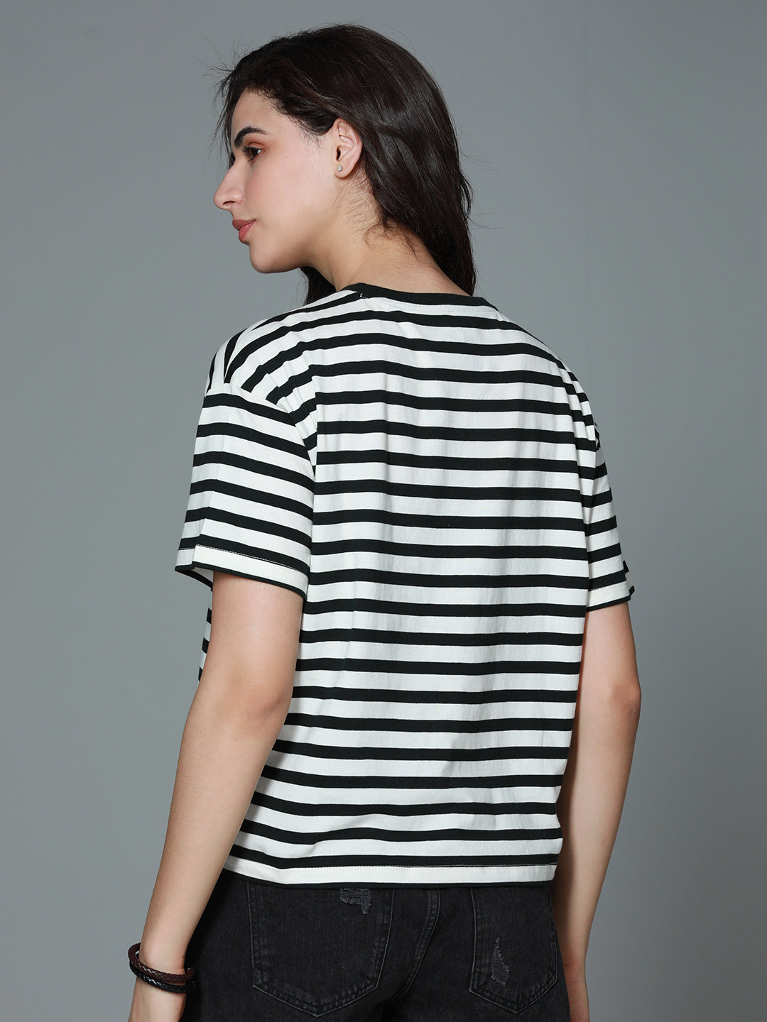 Striped Round Neck Drop-Shoulder Sleeves Cotton Boxy T-shirt