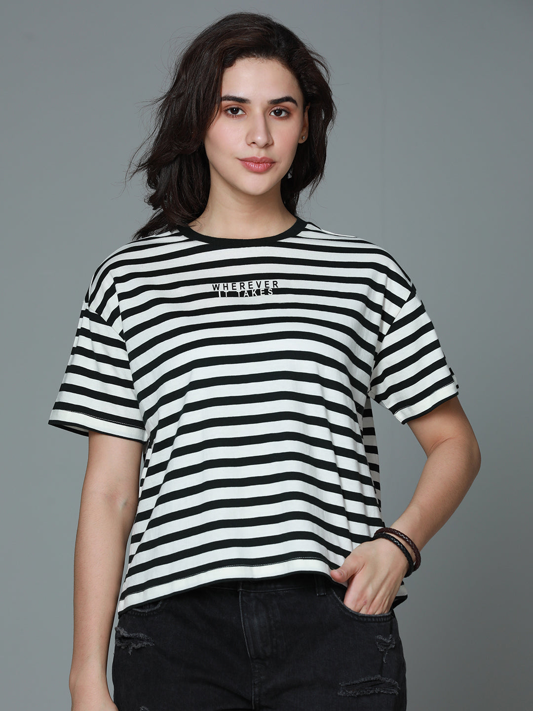 Striped Round Neck Drop-Shoulder Sleeves Cotton Boxy T-shirt