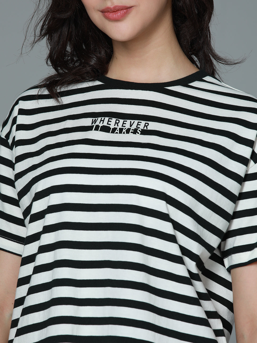 Striped Round Neck Drop-Shoulder Sleeves Cotton Boxy T-shirt