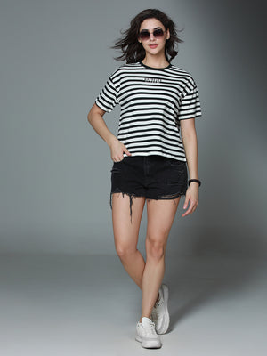 Striped Round Neck Drop-Shoulder Sleeves Cotton Boxy T-shirt