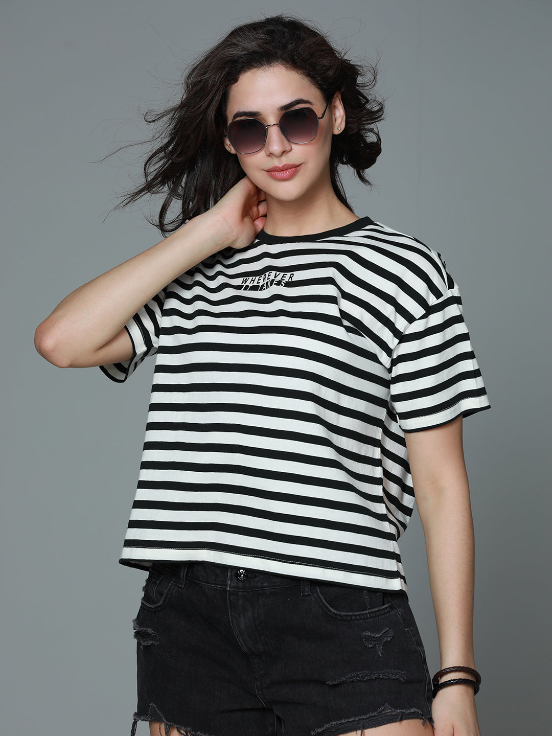 Striped Round Neck Drop-Shoulder Sleeves Cotton Boxy T-shirt