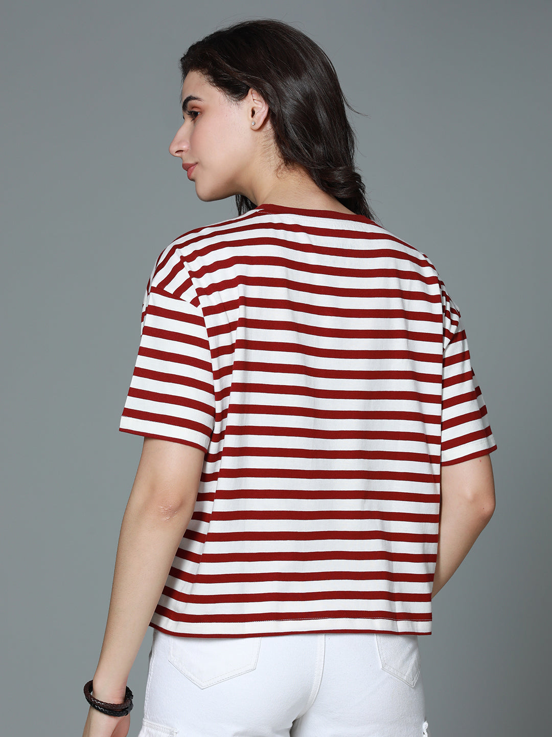 Striped Round Neck Drop-Shoulder Sleeves Cotton Boxy T-shirt