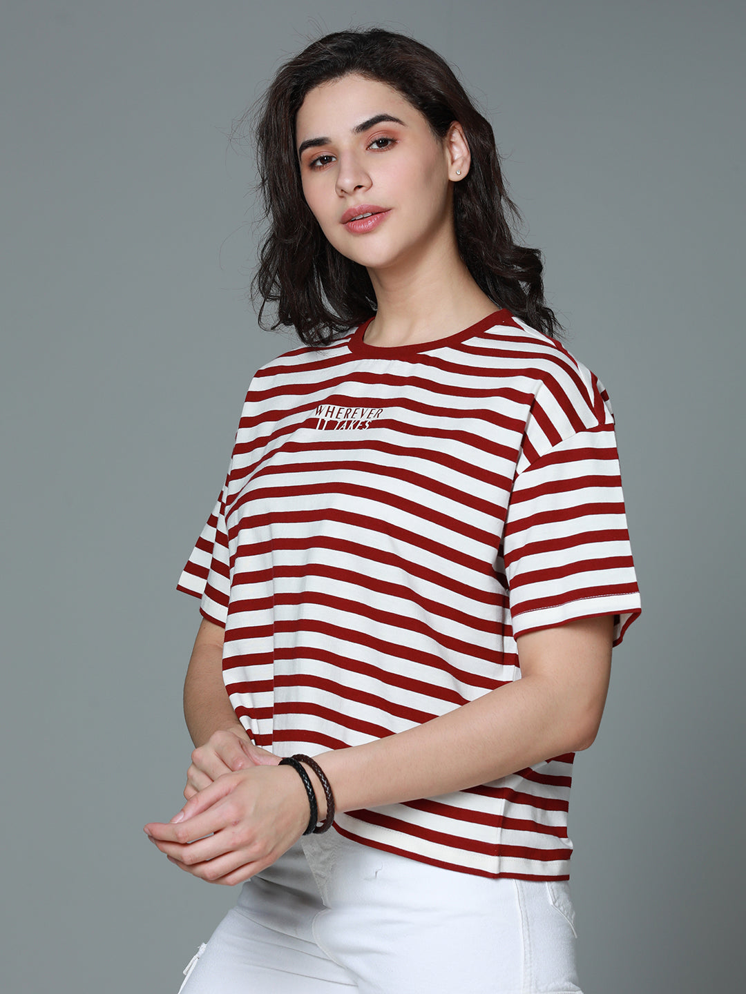 Striped Round Neck Drop-Shoulder Sleeves Cotton Boxy T-shirt