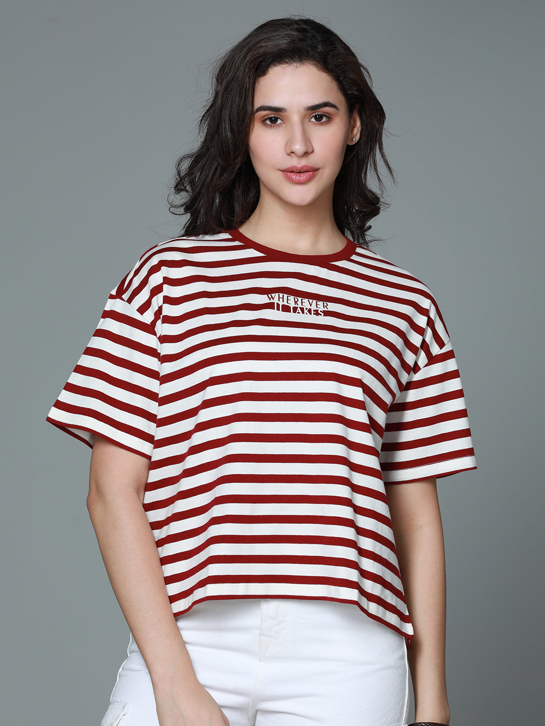 Striped Round Neck Drop-Shoulder Sleeves Cotton Boxy T-shirt