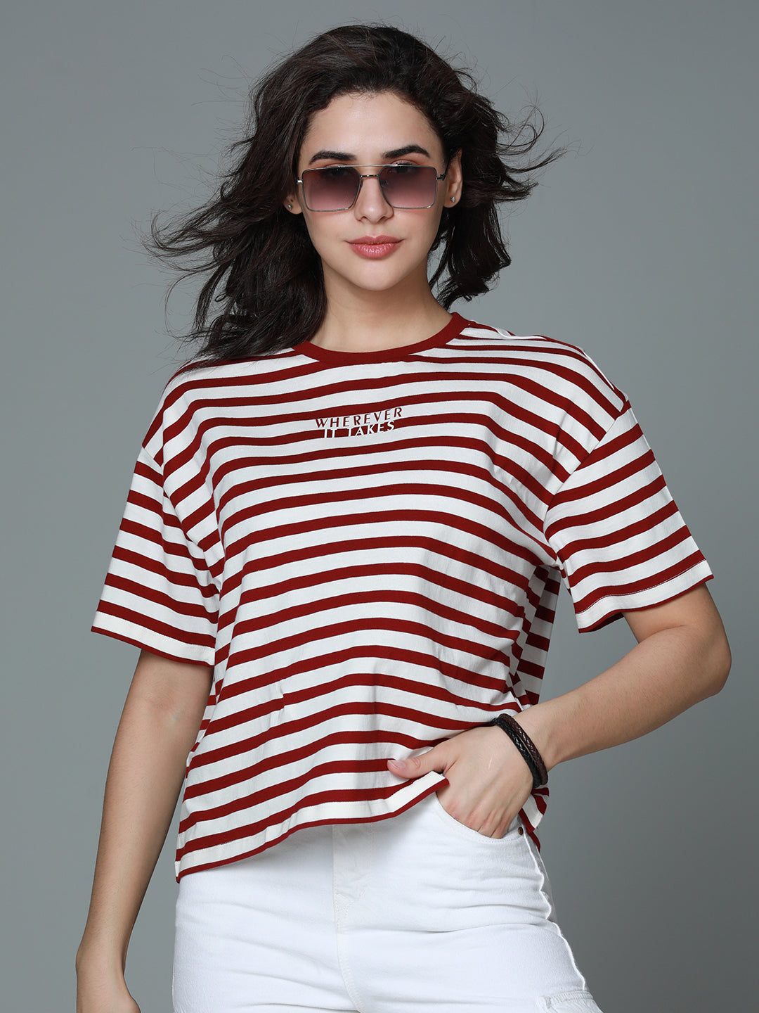 Striped Round Neck Drop-Shoulder Sleeves Cotton Boxy T-shirt