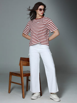 Striped Round Neck Drop-Shoulder Sleeves Cotton Boxy T-shirt