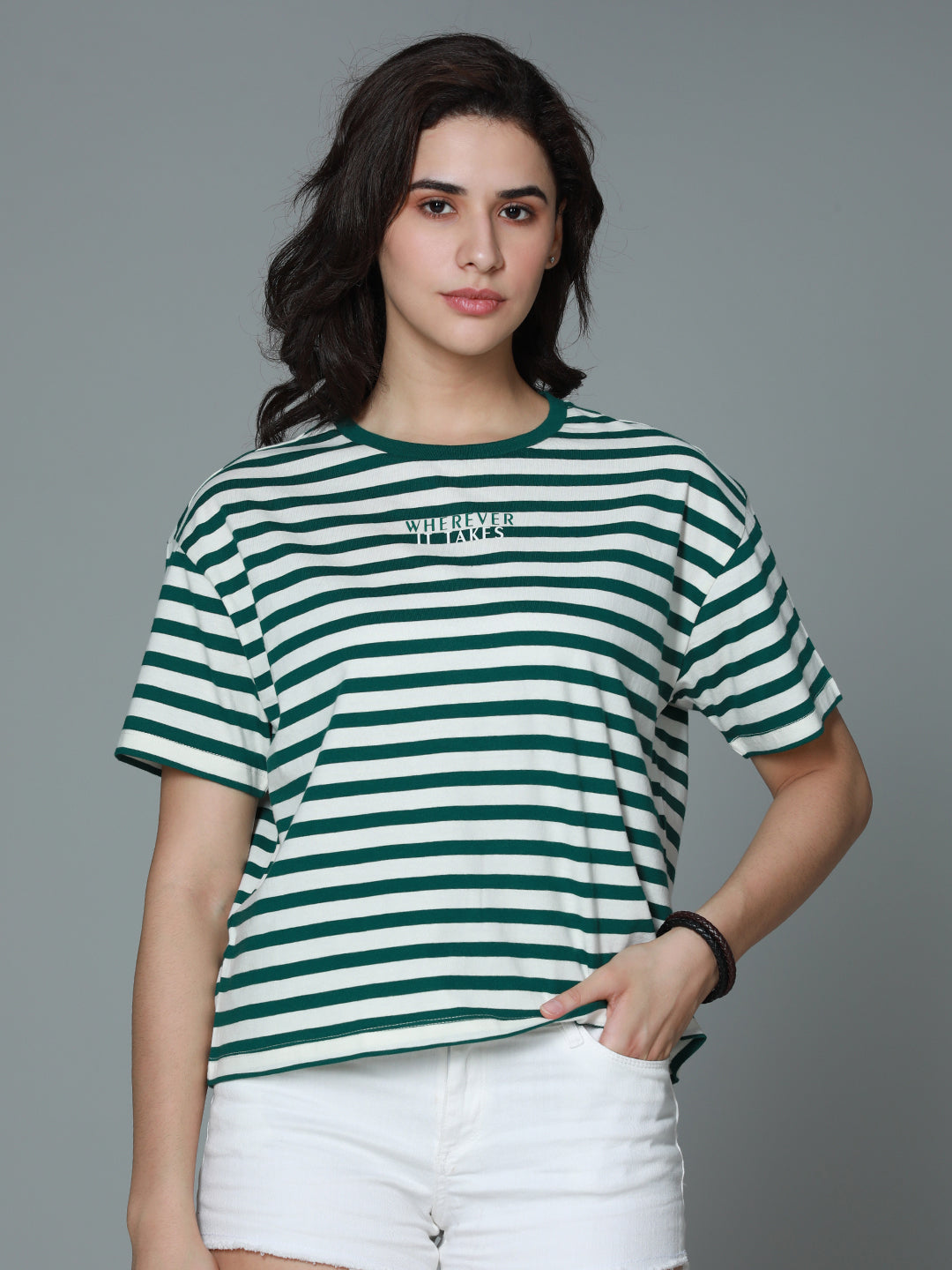 Striped Round Neck Drop-Shoulder Sleeves Cotton Boxy T-shirt