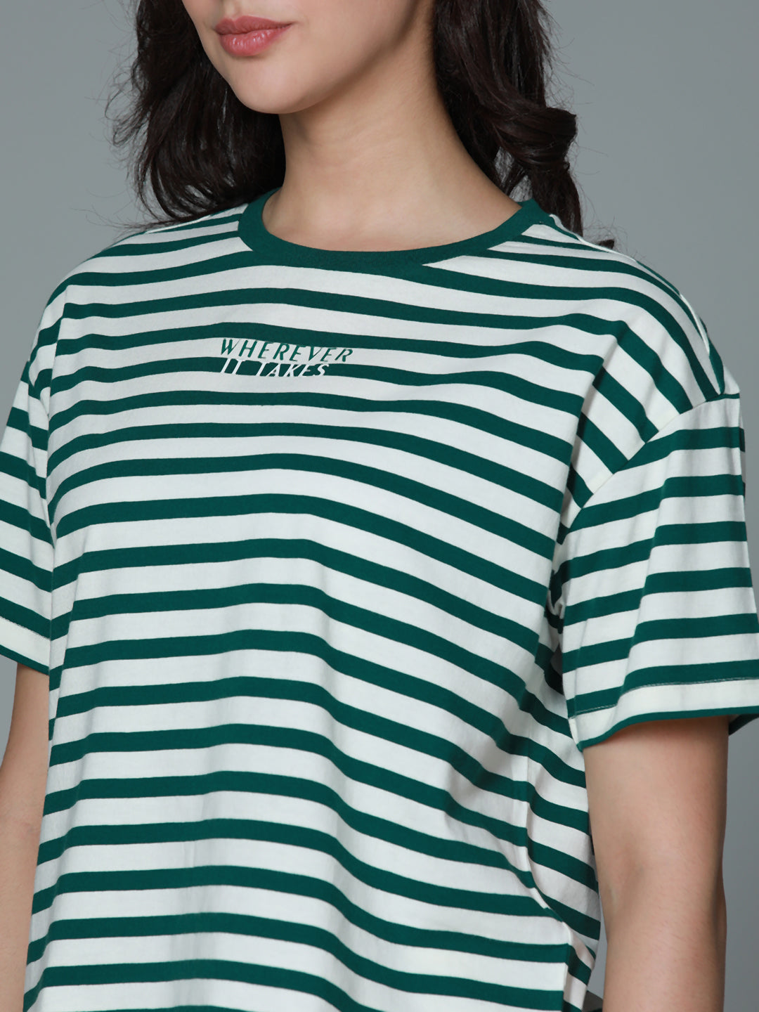 Striped Round Neck Drop-Shoulder Sleeves Cotton Boxy T-shirt