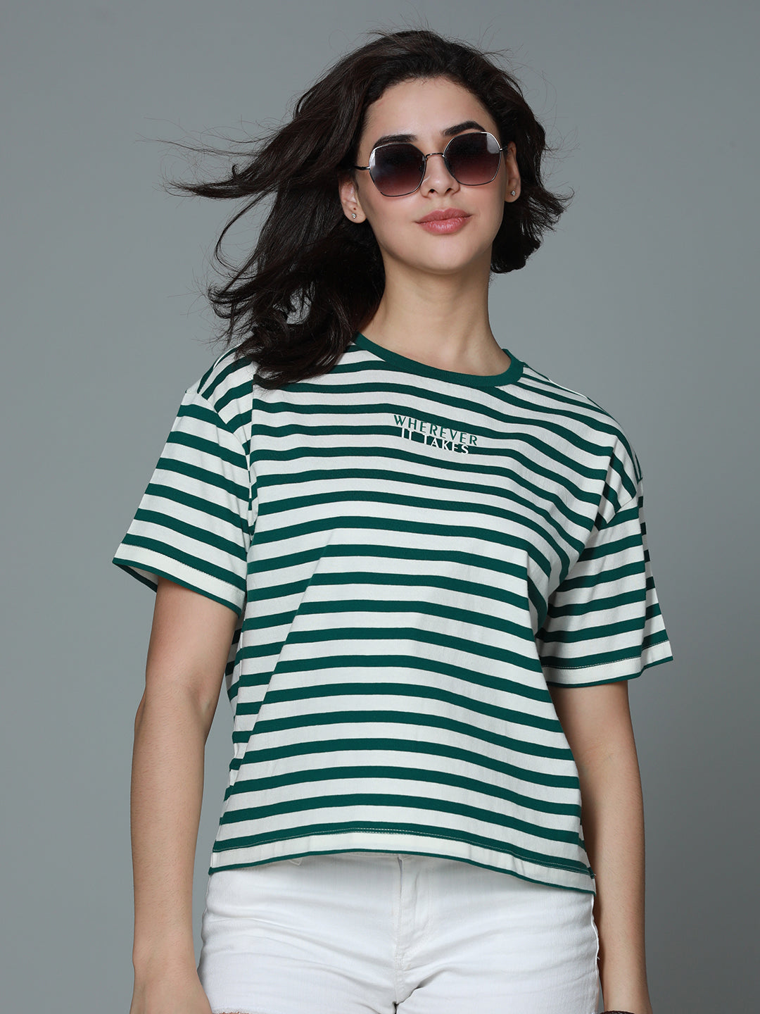 Striped Round Neck Drop-Shoulder Sleeves Cotton Boxy T-shirt