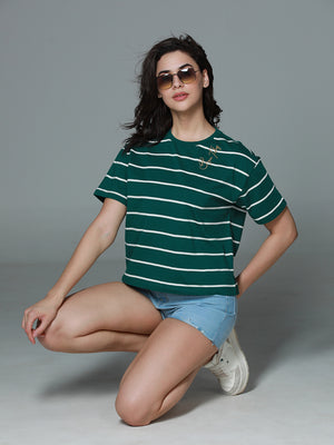 Striped Round Neck Drop-Shoulder Sleeves Cotton Boxy T-shirt