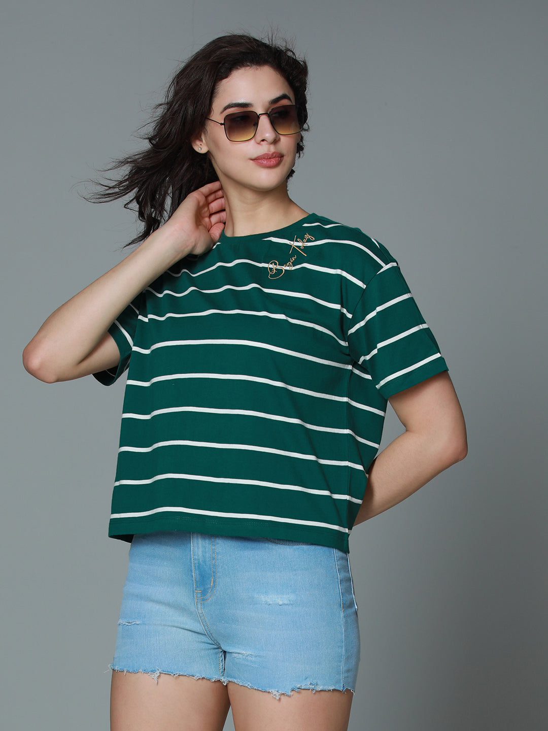 Striped Round Neck Drop-Shoulder Sleeves Cotton Boxy T-shirt