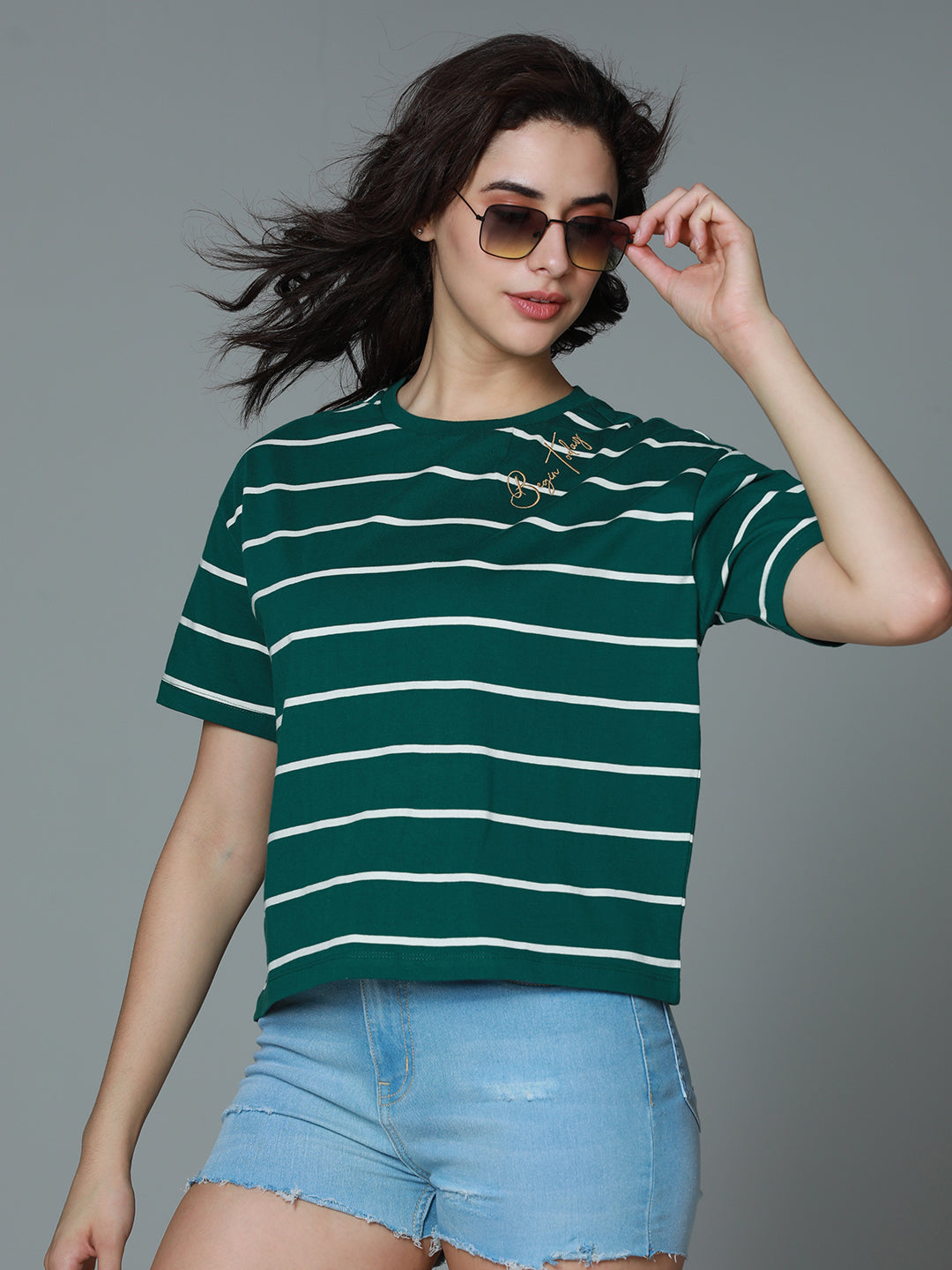 Striped Round Neck Drop-Shoulder Sleeves Cotton Boxy T-shirt