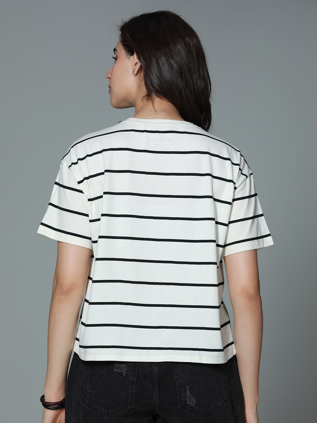 Striped Round Neck Short Sleeves Cotton Boxy T-shirt