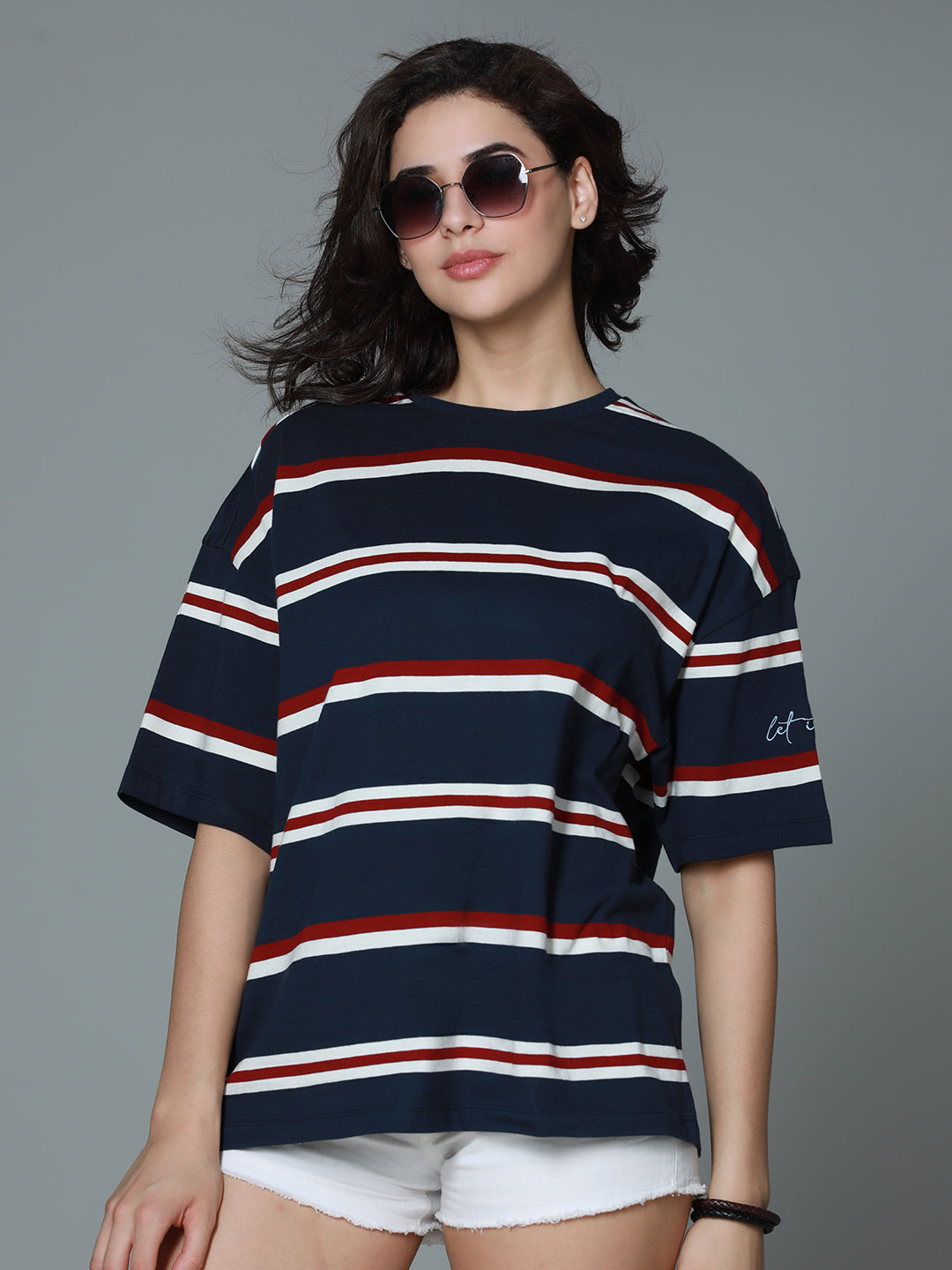 Striped Round Neck Drop-Shoulder Sleeves Cotton Oversized T-shirt