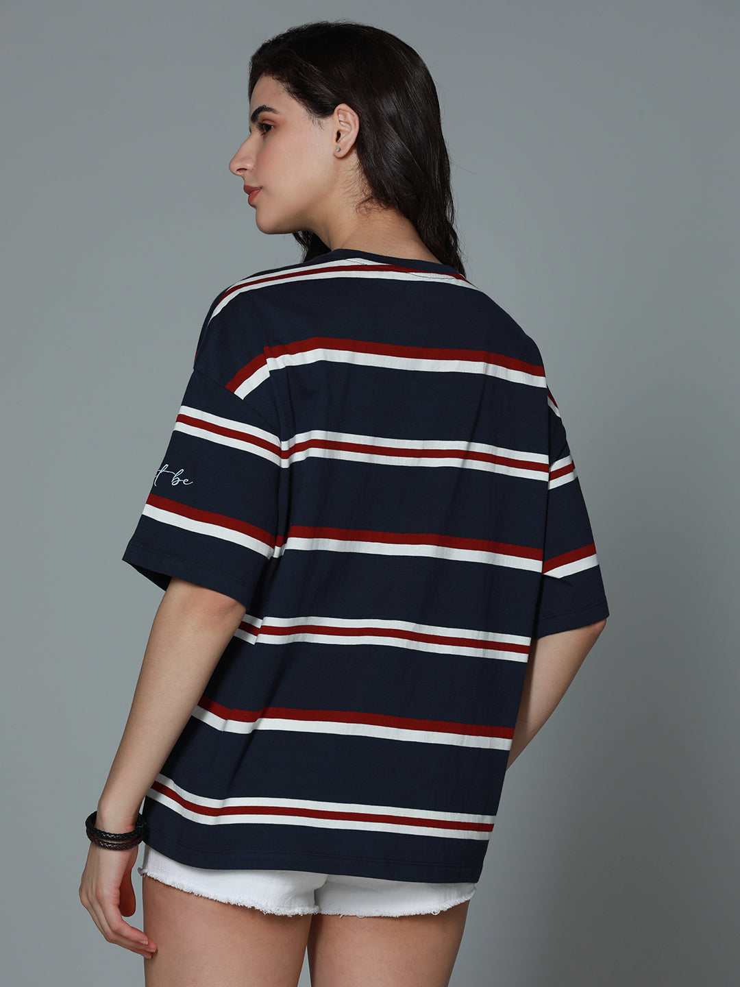 Striped Round Neck Drop-Shoulder Sleeves Cotton Oversized T-shirt