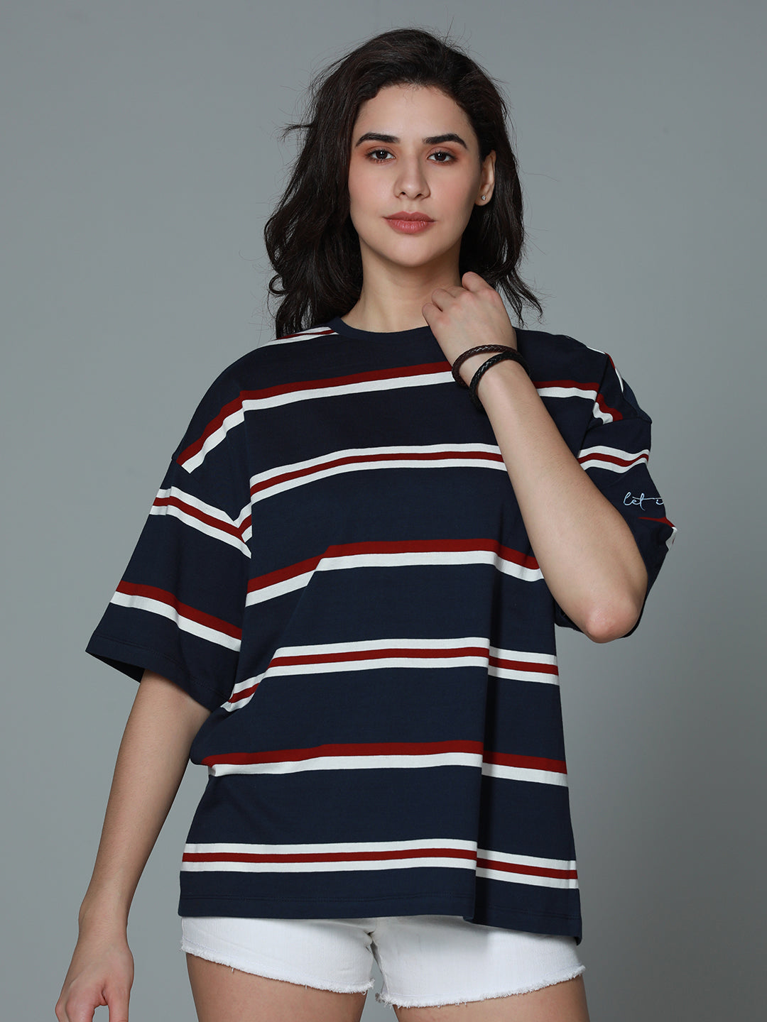 Striped Round Neck Drop-Shoulder Sleeves Cotton Oversized T-shirt