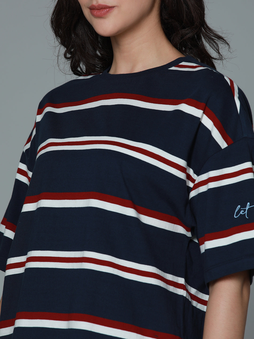 Striped Round Neck Drop-Shoulder Sleeves Cotton Oversized T-shirt