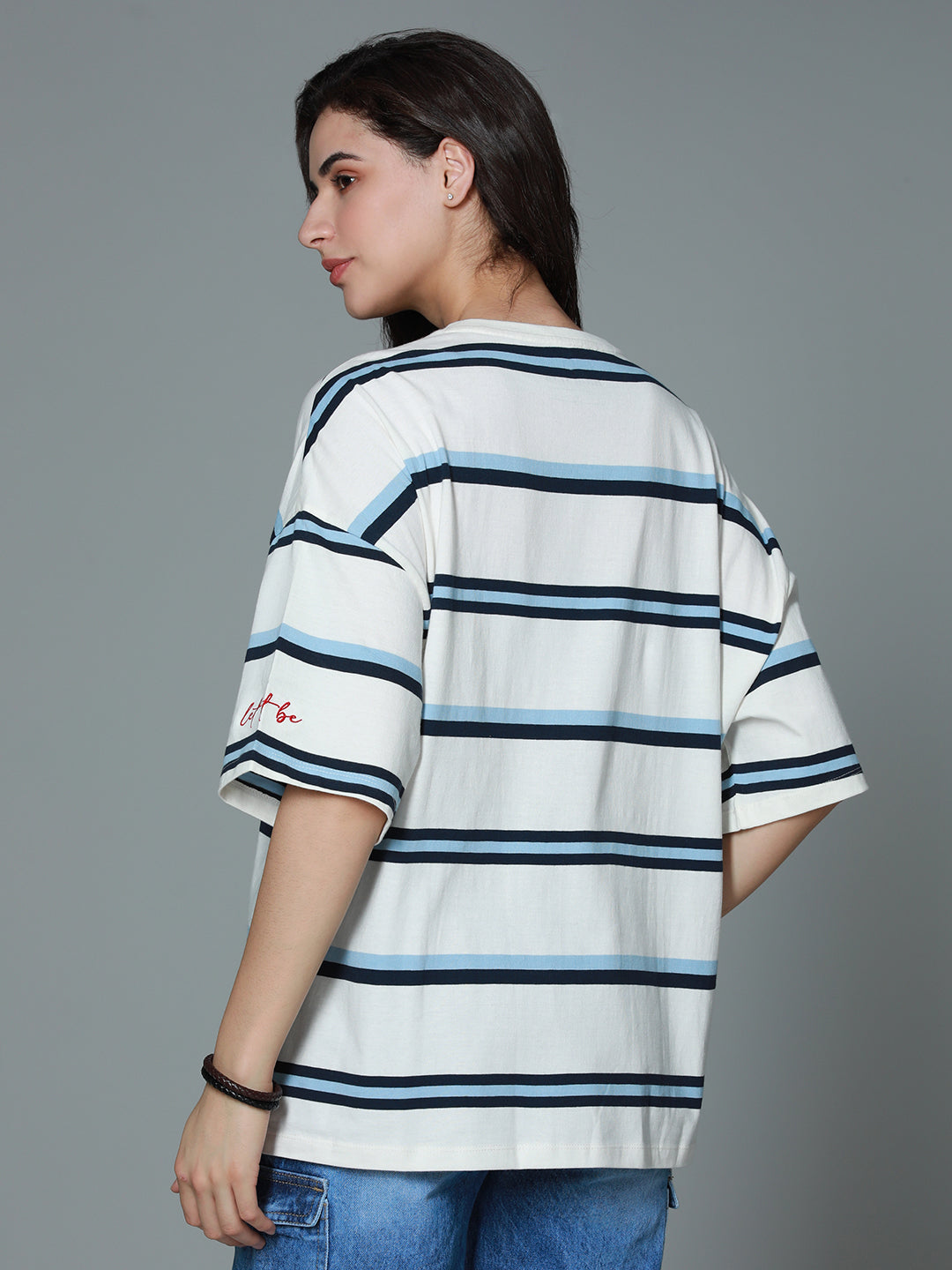 Striped Round Neck Drop-Shoulder Sleeves Cotton Oversized T-shirt