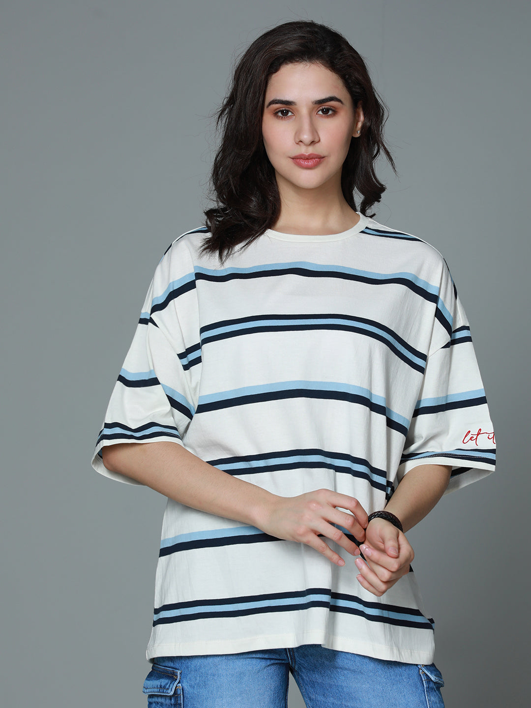 Striped Round Neck Drop-Shoulder Sleeves Cotton Oversized T-shirt