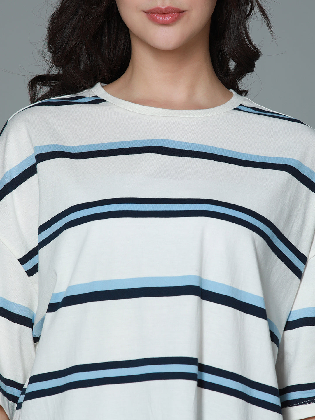 Striped Round Neck Drop-Shoulder Sleeves Cotton Oversized T-shirt