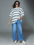 Striped Round Neck Drop-Shoulder Sleeves Cotton Oversized T-shirt