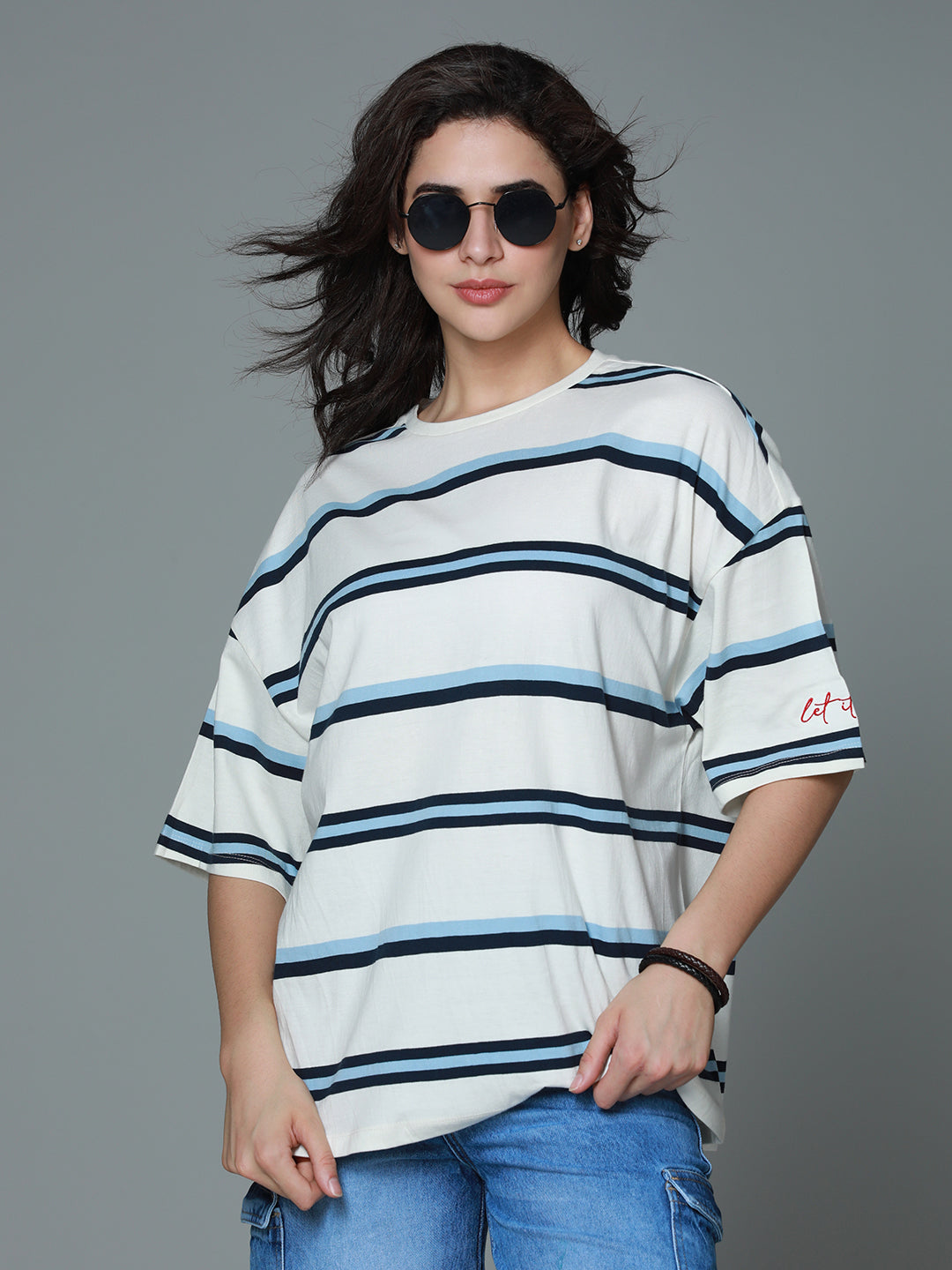 Striped Round Neck Drop-Shoulder Sleeves Cotton Oversized T-shirt