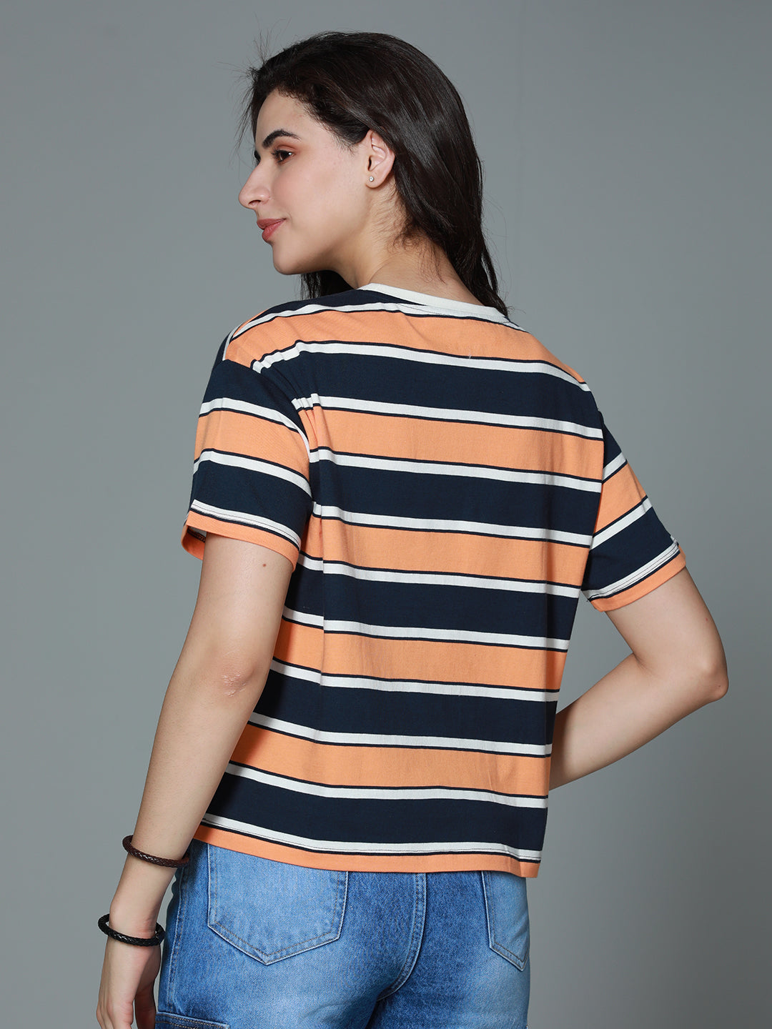 Striped Round Neck Drop-Shoulder Sleeves Cotton Boxy T-shirt