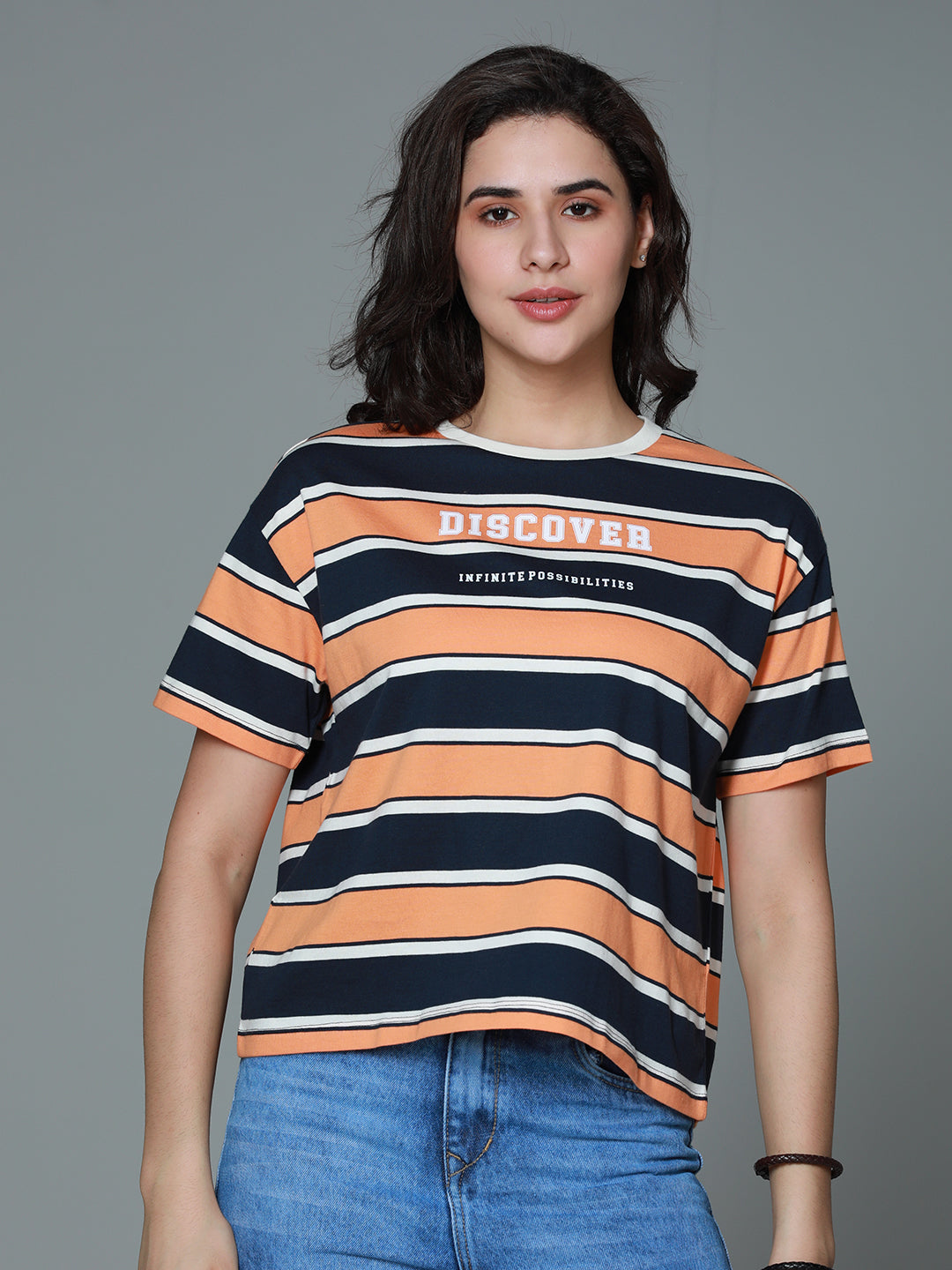 Striped Round Neck Drop-Shoulder Sleeves Cotton Boxy T-shirt