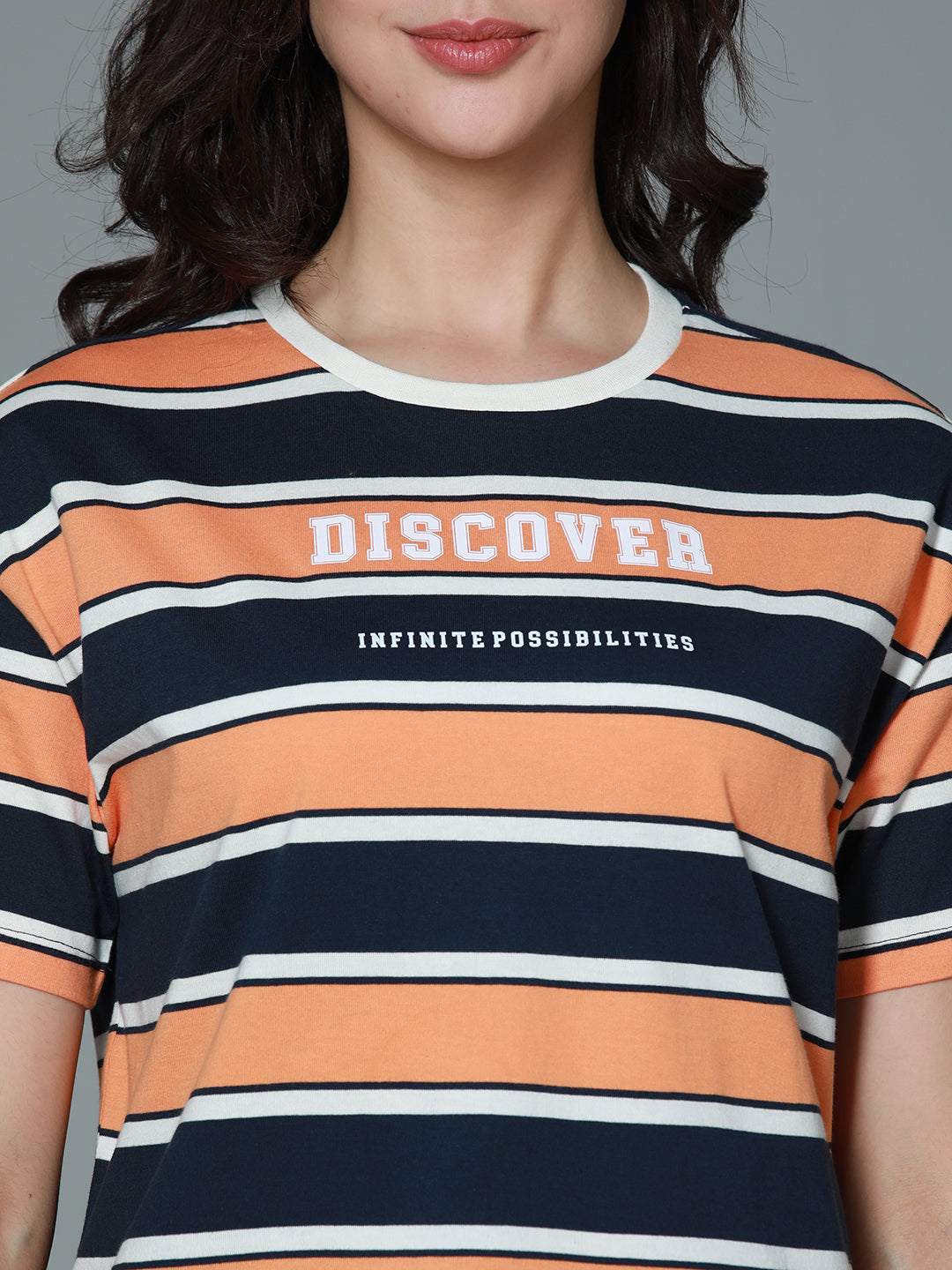 Striped Round Neck Drop-Shoulder Sleeves Cotton Boxy T-shirt