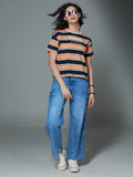 Striped Round Neck Drop-Shoulder Sleeves Cotton Boxy T-shirt