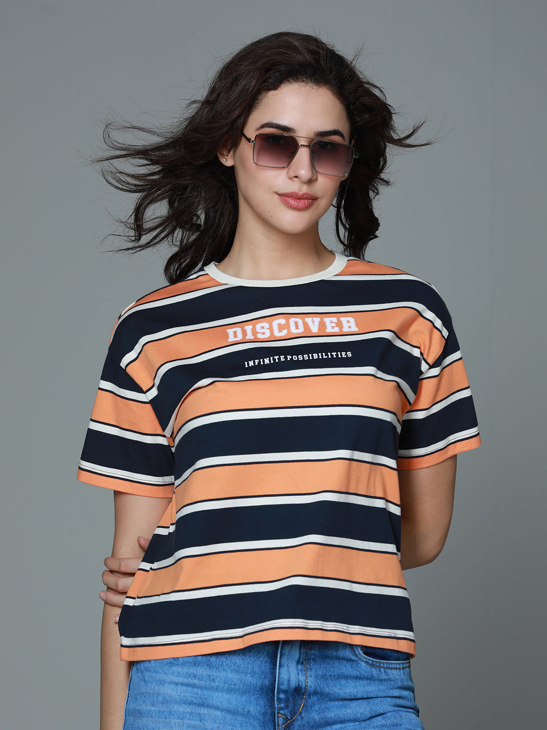 Striped Round Neck Drop-Shoulder Sleeves Cotton Boxy T-shirt