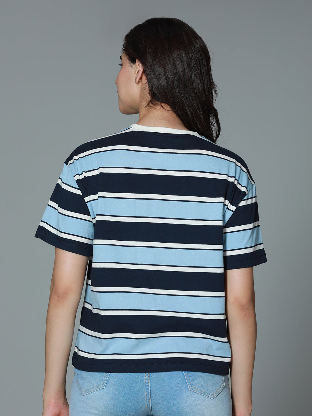 Striped Round Neck Drop-Shoulder Sleeves Cotton Boxy T-shirt