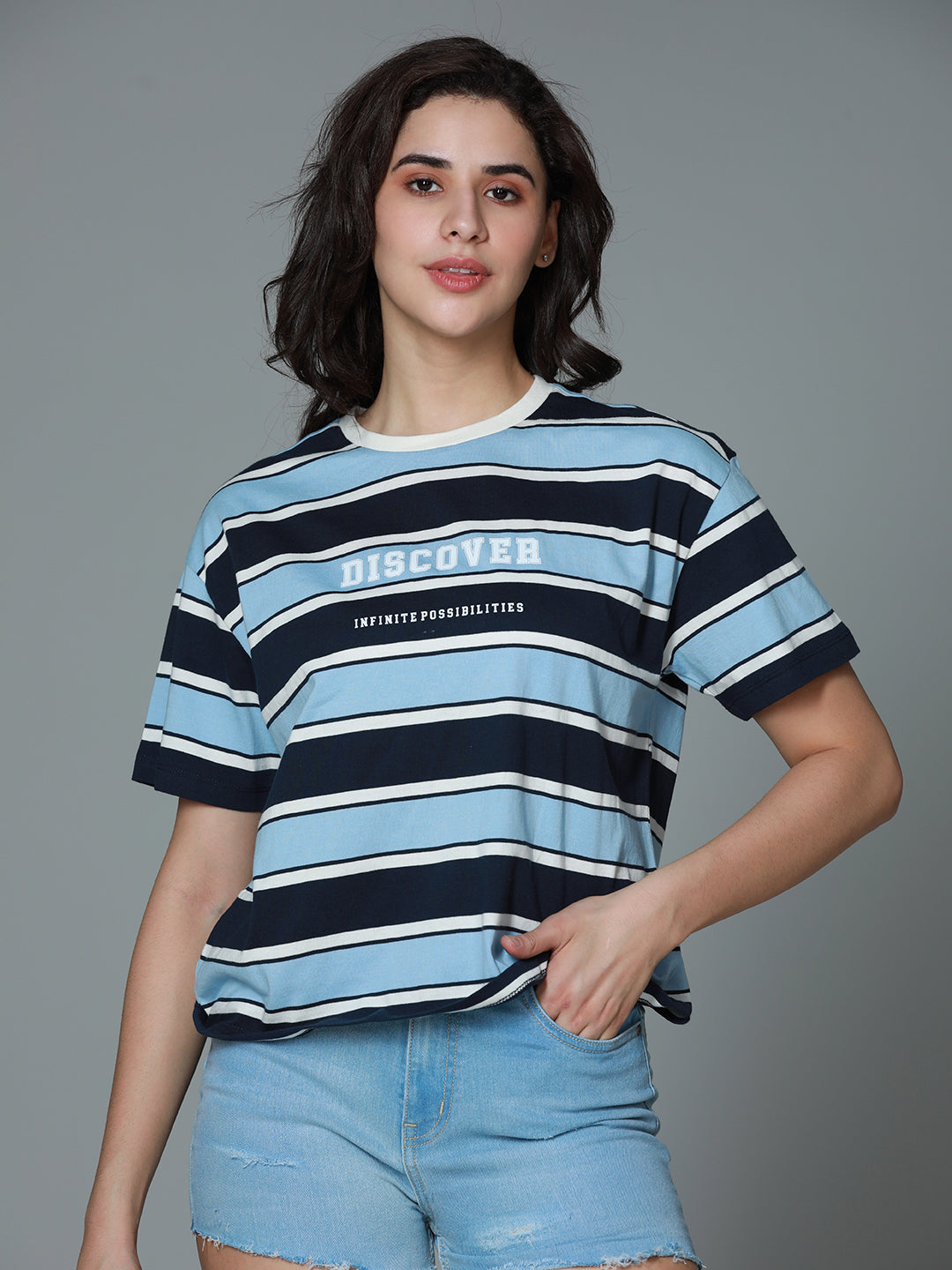 Striped Round Neck Drop-Shoulder Sleeves Cotton Boxy T-shirt