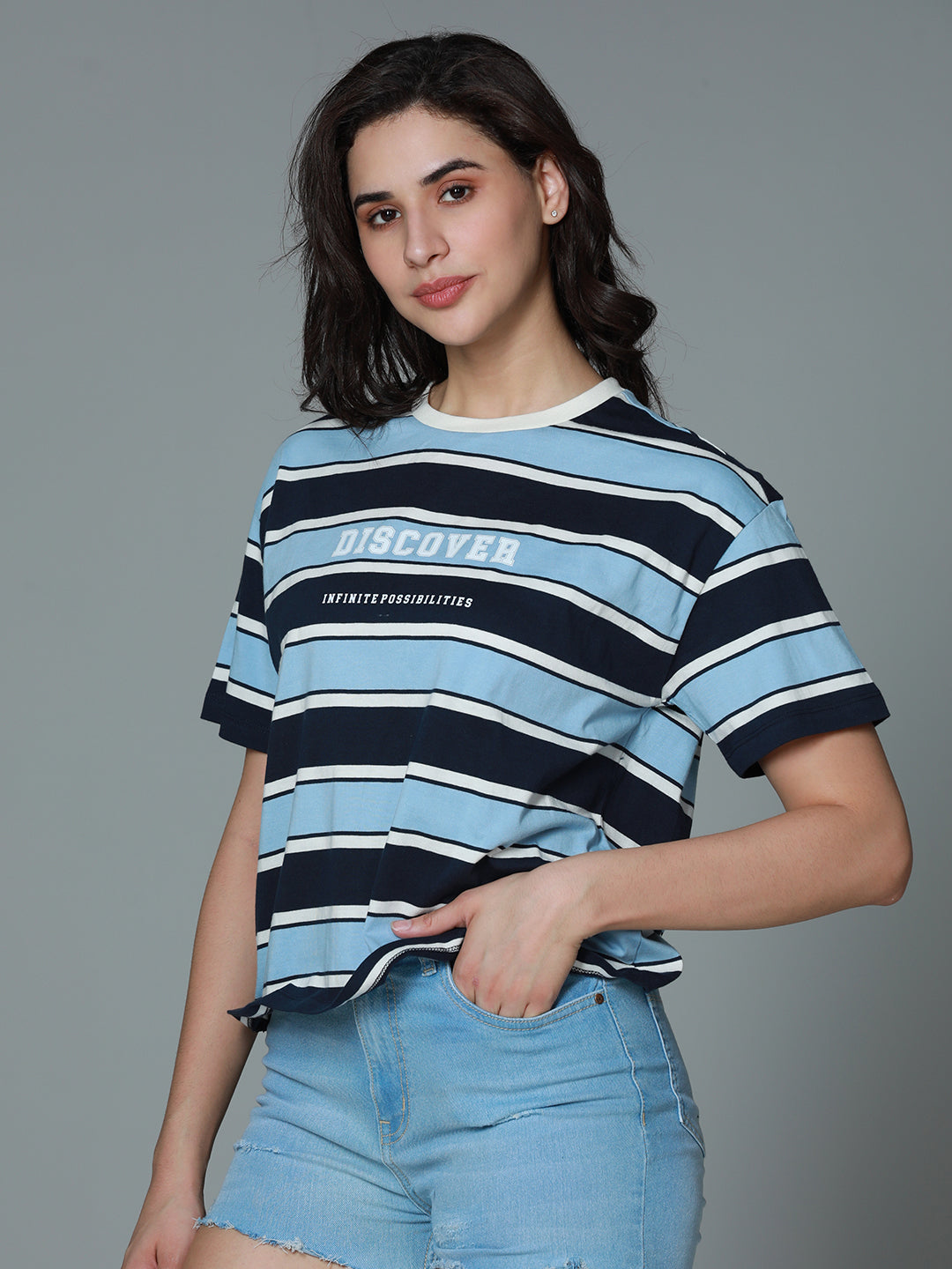 Striped Round Neck Drop-Shoulder Sleeves Cotton Boxy T-shirt