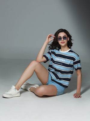 Striped Round Neck Drop-Shoulder Sleeves Cotton Boxy T-shirt