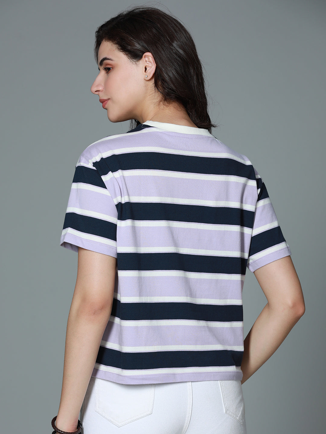 Striped Round Neck Drop-Shoulder Sleeves Cotton Boxy T-shirt