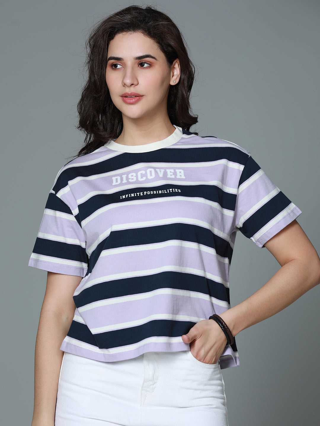 Striped Round Neck Drop-Shoulder Sleeves Cotton Boxy T-shirt