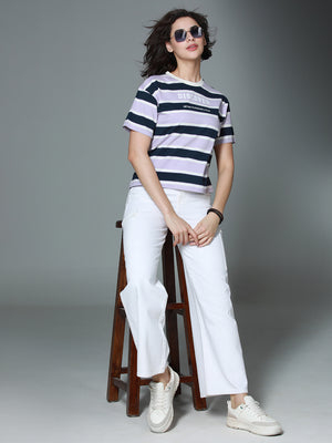 Striped Round Neck Drop-Shoulder Sleeves Cotton Boxy T-shirt