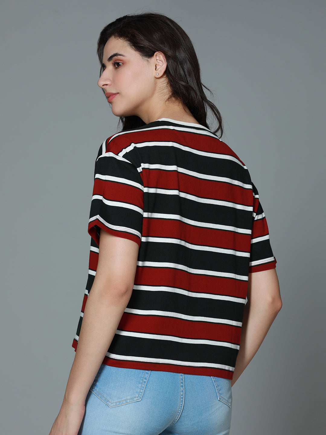 Striped Round Neck Drop-Shoulder Sleeves Cotton Boxy T-shirt