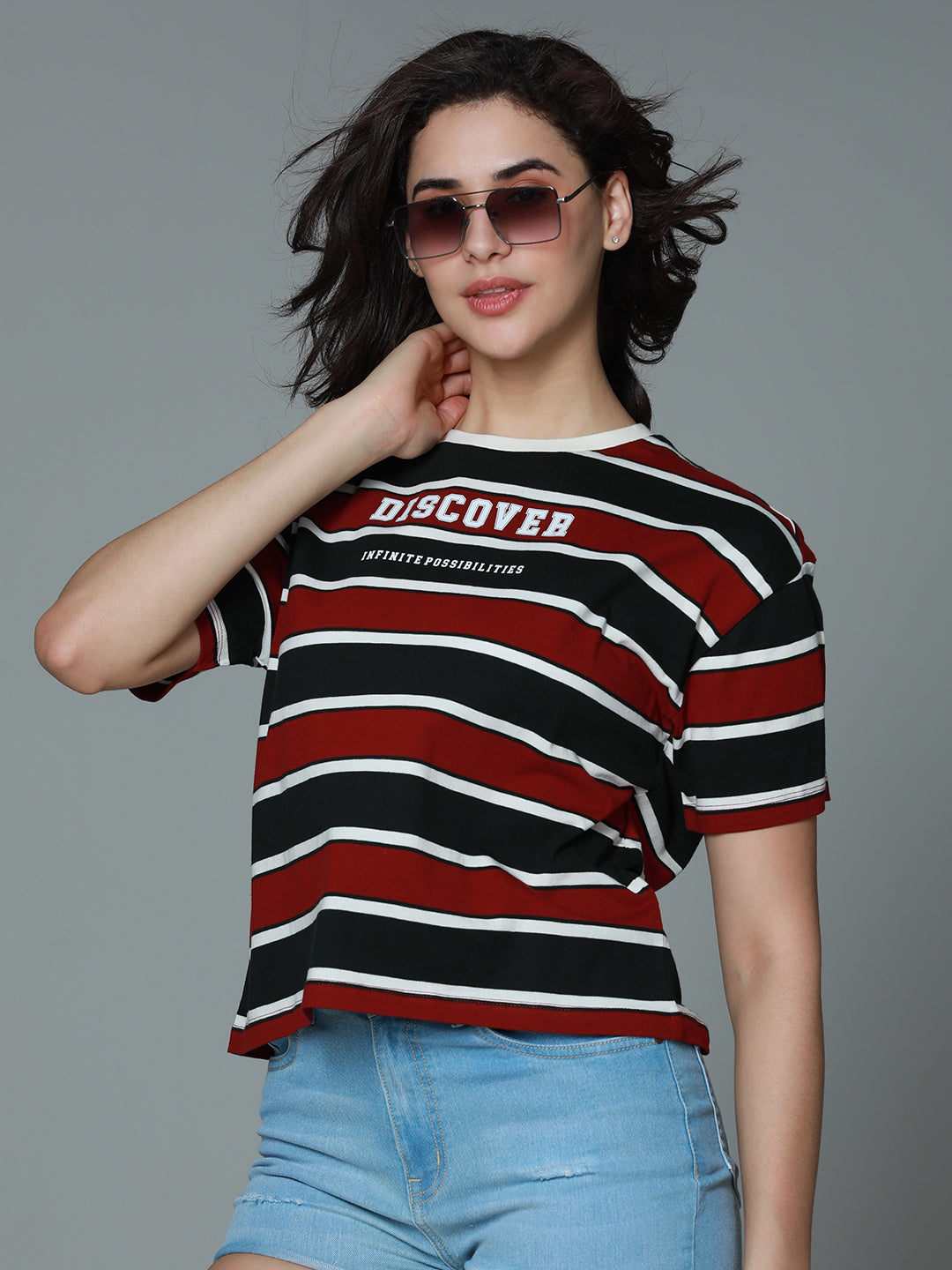 Striped Round Neck Drop-Shoulder Sleeves Cotton Boxy T-shirt