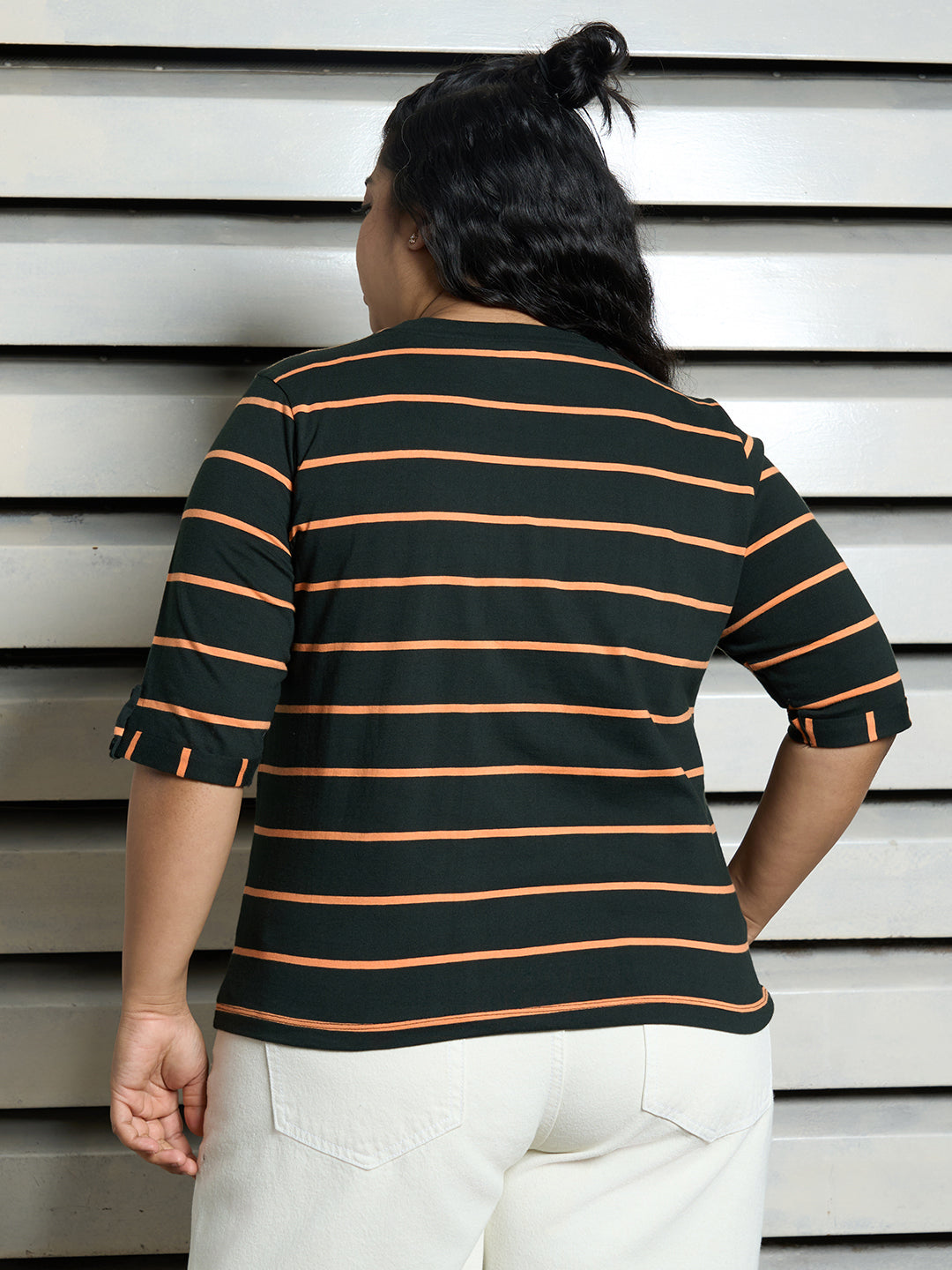 Women Cotton Short Sleeves Round Neck Striped Regular Fit Tshirt