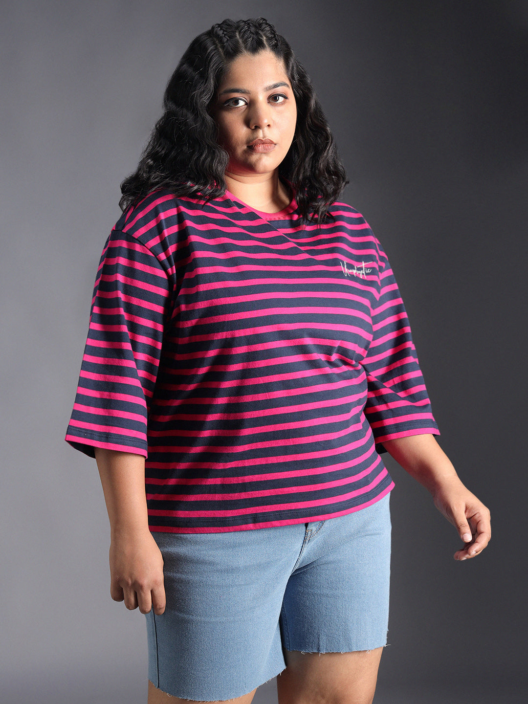 Plus Size Striped Drop-Shoulder Sleeves Oversized Casual T-Shirt