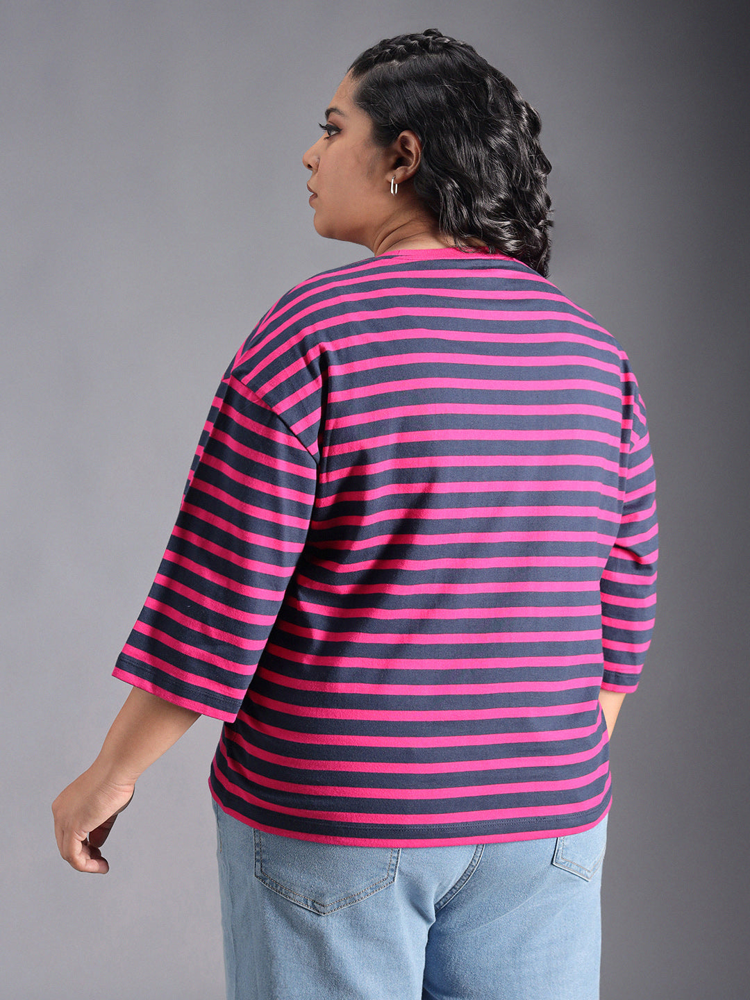 Plus Size Striped Drop-Shoulder Sleeves Oversized Casual T-Shirt