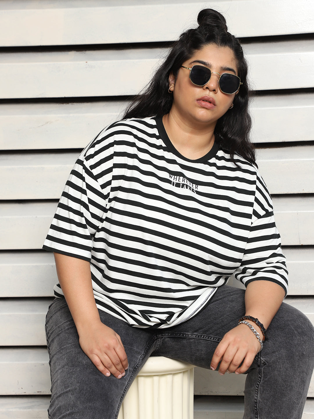 Plus Size Striped Drop-Shoulder Sleeves oversized Cotton T-shirt