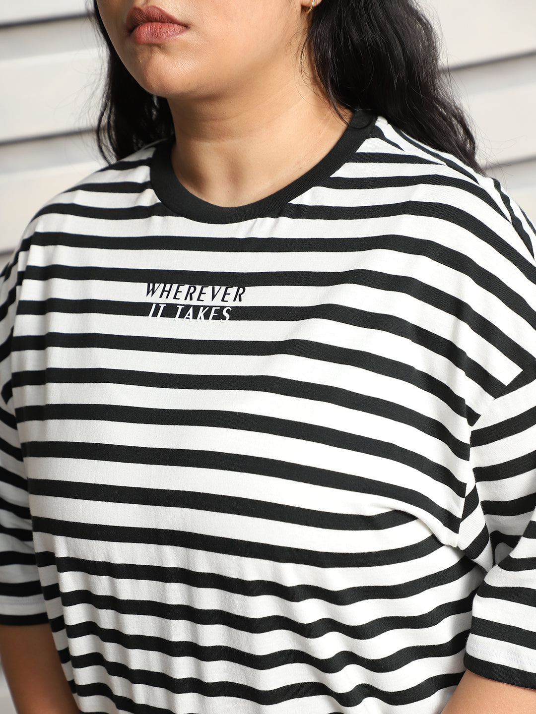 Plus Size Striped Drop-Shoulder Sleeves oversized Cotton T-shirt