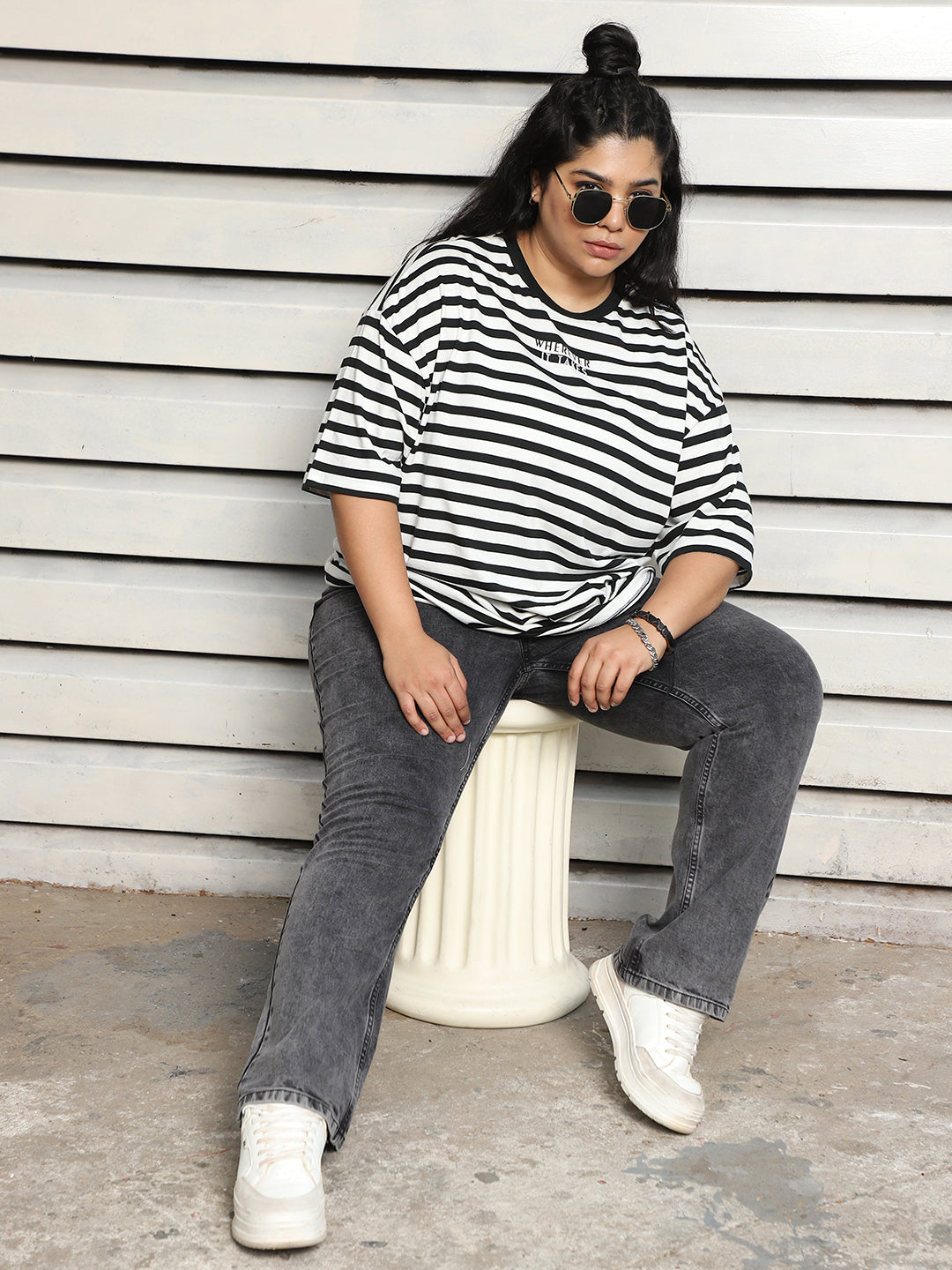 Plus Size Striped Drop-Shoulder Sleeves oversized Cotton T-shirt