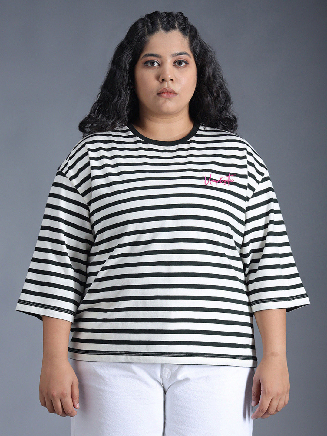 Plus Size Striped Drop-Shoulder Sleeves Oversized T-Shirt